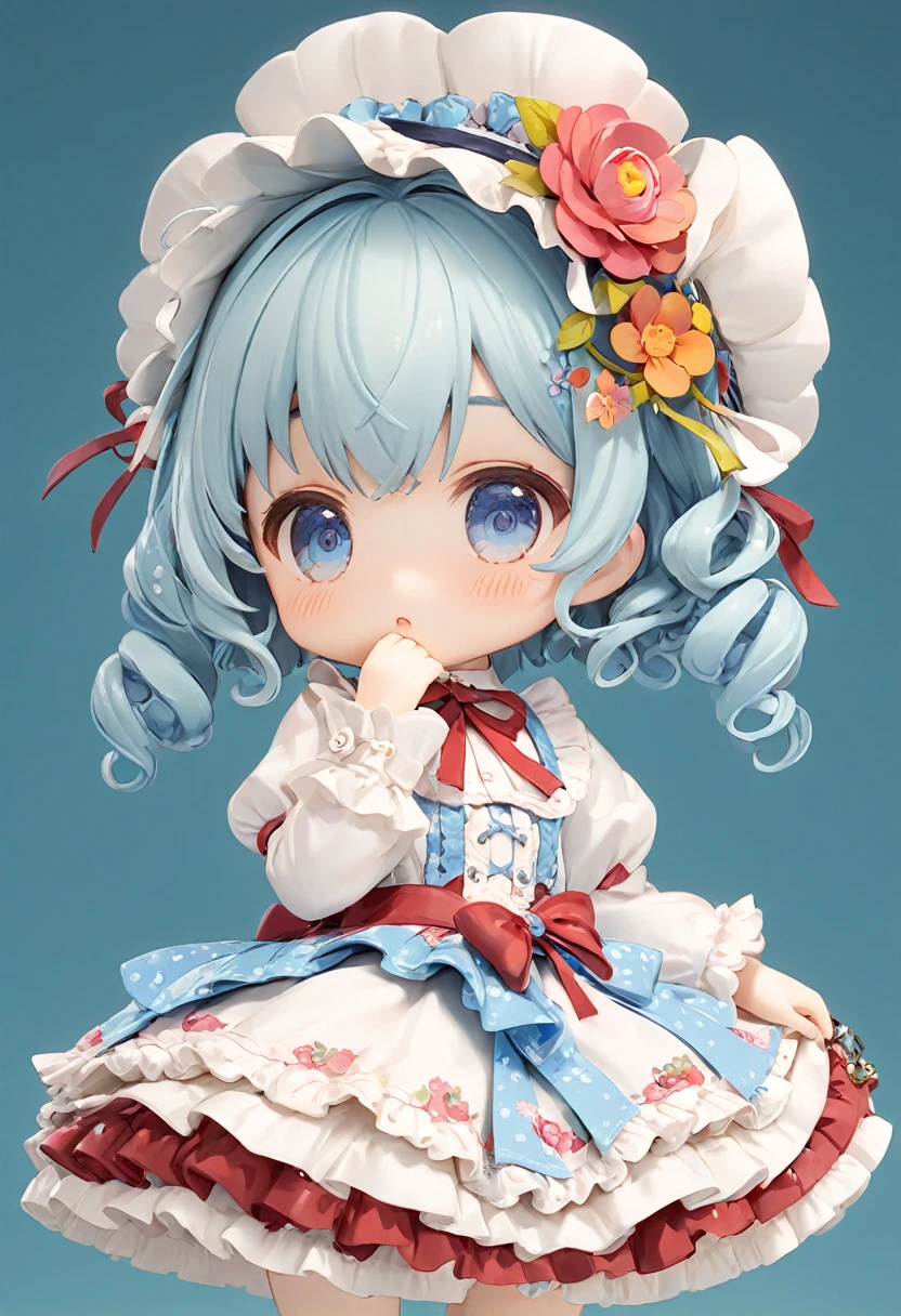 Sky blue short curly hair，****ta Skirt，cute，detail，Q version，小巧cute