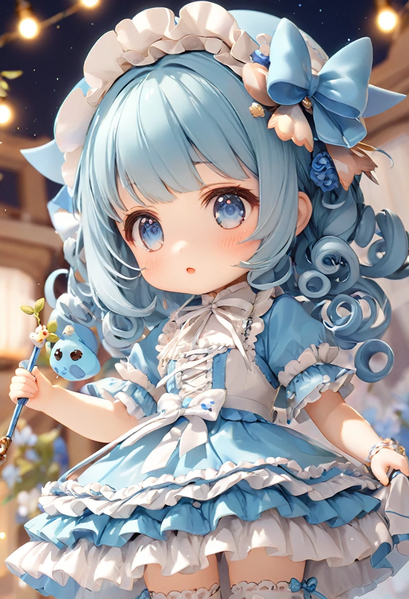 Sky blue short curly hair，****ta Skirt，cute，detail，Q version，小巧cute