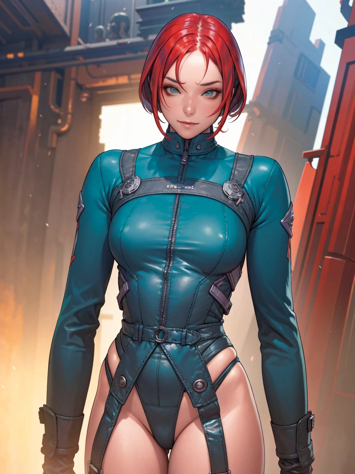 (((Teal Suit))), (((red hair bob haircut))), (((devilish smile))), (((melhor qualidade: 1.4))), (((full metal))), (((DuneWalker))), (((post-apocalypse))), (Unbeatable masterpiece), (hiper HD),(CG 8k hiper-realista), 1Garota armada em um mundo futurista usando roupas coloridas e modernas. Corte de cabelo ultra moderno, perfect body with robotic parts, seios grandes, bunda perfeita, muscles without exaggeration, rosto lindo com olhos azuis penetrantes, add textures to clothes and create something different from the usual, add accessories like garter belt, espartilho e luvas com listras, pele bronzeada e com brilho de molhado, industrial environment with giant heavy machines, Intricate machinery and giant robot parts