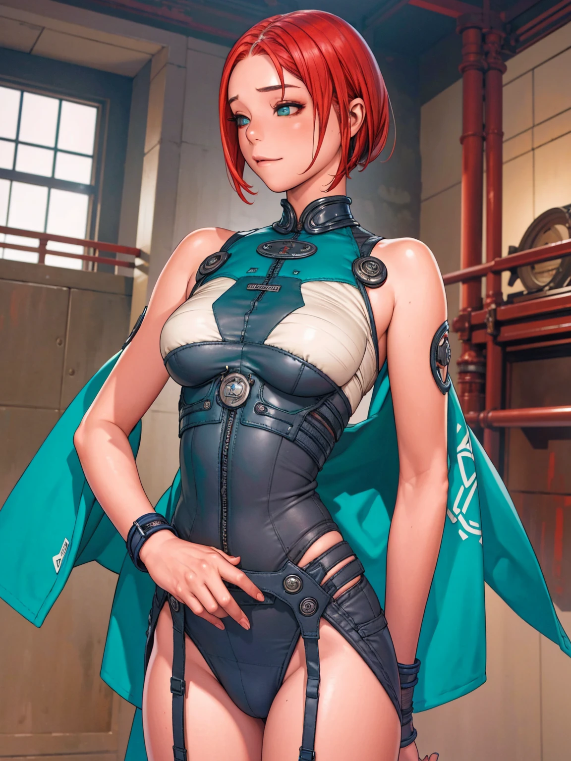 (((Teal Suit))), (((red hair bob haircut))), (((devilish smile))), (((melhor qualidade: 1.4))), (((full metal))), (((DuneWalker))), (((post-apocalypse))), (Unbeatable masterpiece), (hiper HD),(CG 8k hiper-realista), 1Garota armada em um mundo futurista usando roupas coloridas e modernas. Corte de cabelo ultra moderno, perfect body with robotic parts, seios grandes, bunda perfeita, muscles without exaggeration, rosto lindo com olhos azuis penetrantes, add textures to clothes and create something different from the usual, add accessories like garter belt, espartilho e luvas com listras, pele bronzeada e com brilho de molhado, industrial environment with giant heavy machines, Intricate machinery and giant robot parts