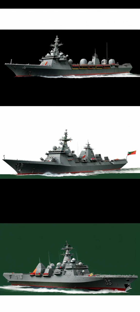 Warship with the Mexican flag with 8 turrets with four guns each with a take-off platform for fighter aircraft and 36 destroyer and battleship type missile silos 