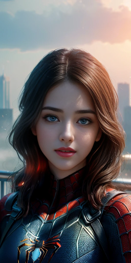 (1girl:1.3), Solo, (((Very detailed face)))), ((Very detailed eyes and face)))), Beautiful detail eyes, Body parts__, Official art, Unified 8k wallpaper, Super detailed, beautiful and beautiful, beautiful, masterpiece, best quality, original, masterpiece, super fine photo, best quality, super high resolution, realistic realism, sunlight, full body portrait, amazing beauty, dynamic pose, delicate face, vibrant eyes, (from the front), She wears Spider-Man suit, red and black color scheme, spider, very detailed city roof background, rooftop, overlooking the city, detailed face, detailed complex busy background, messy, gorgeous, milky white, highly detailed skin, realistic skin details, visible pores, clear focus, volumetric fog, 8k uhd, DSLR, high quality, film grain, fair skin, photo realism, lomography, futuristic dystopian megalopolis, translucent