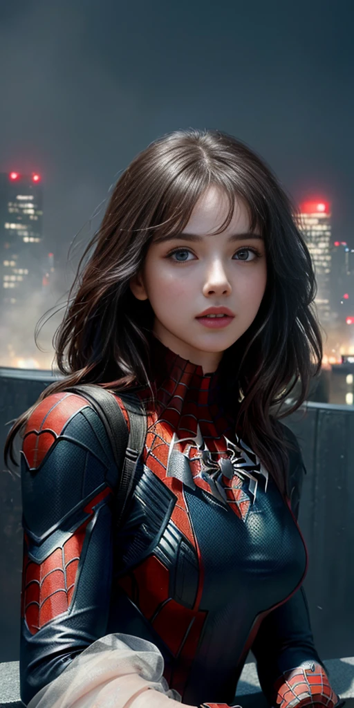 (1girl:1.3), Solo, (((Very detailed face)))), ((Very detailed eyes and face)))), Beautiful detail eyes, Body parts__, Official art, Unified 8k wallpaper, Super detailed, beautiful and beautiful, beautiful, masterpiece, best quality, original, masterpiece, super fine photo, best quality, super high resolution, realistic realism, sunlight, full body portrait, amazing beauty, dynamic pose, delicate face, vibrant eyes, (from the front), She wears Spider-Man suit, red and black color scheme, spider, very detailed city roof background, rooftop, overlooking the city, detailed face, detailed complex busy background, messy, gorgeous, milky white, highly detailed skin, realistic skin details, visible pores, clear focus, volumetric fog, 8k uhd, DSLR, high quality, film grain, fair skin, photo realism, lomography, futuristic dystopian megalopolis, translucent