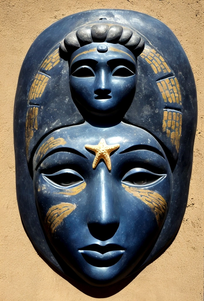 una mujer sirena recostada en unas piedras negras con un mar picado apuntando sus manos hacia el cielo lleno de estrellas brillantes, On his face a giant starfish replaces his eyes because it is attached to his face as if it were a mask. The stones are black with soft carvings of hieroglyphs., la mujer tiene una piel azul escamosa y lleva prendas de oro en sus manos con brazaletes y aretes finos con conchas perlas y oro , entre las rocas donde se encuentra acostada existe una cantidad increible de monedas de oro tiradas, su pelo es negro , la imagen tiene un parecido a las pinturas de sandro botichelli y con elementos hiperrealistas