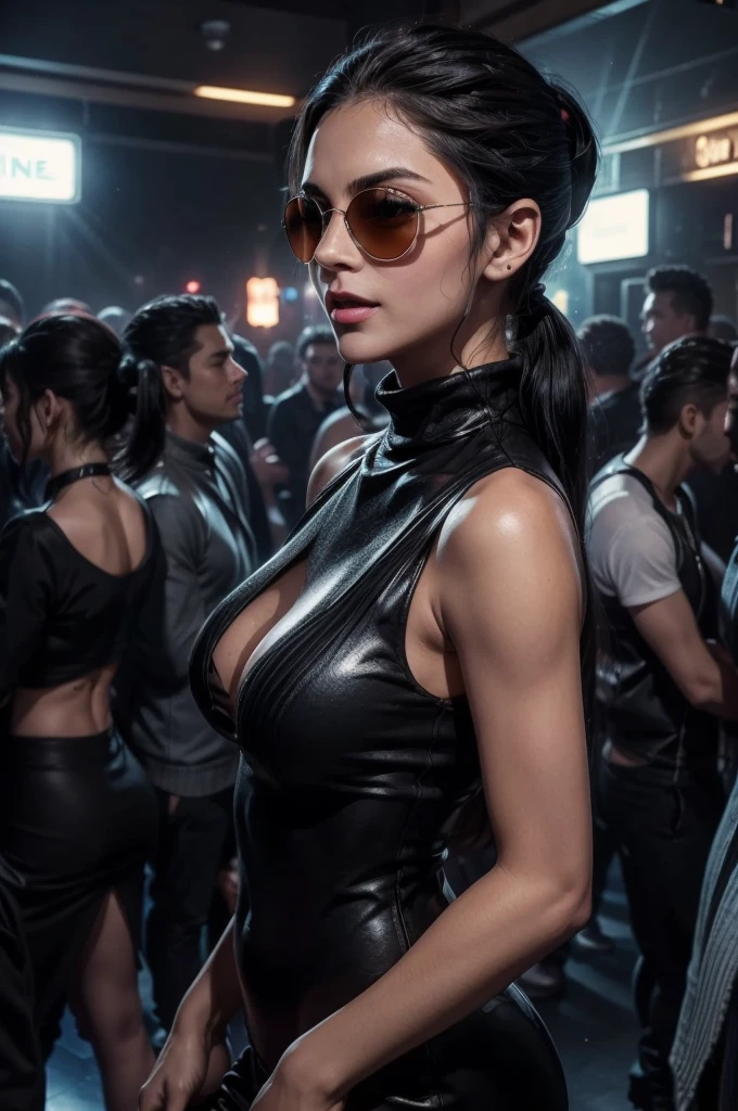 masterpiece, best quality, extremely detailed, hyperrealistic:1.1, photorealistic, a beautiful 20s russian model, ultra detailed face:1.1, sunglasses on head:1.1, blue turtle neck sweater, lower ponytail, black hair, at nightclub:1.2, nightclub light:1.1, party, music club, people dancing on the dance floor background, underground danceclub, laughing, eye closed
