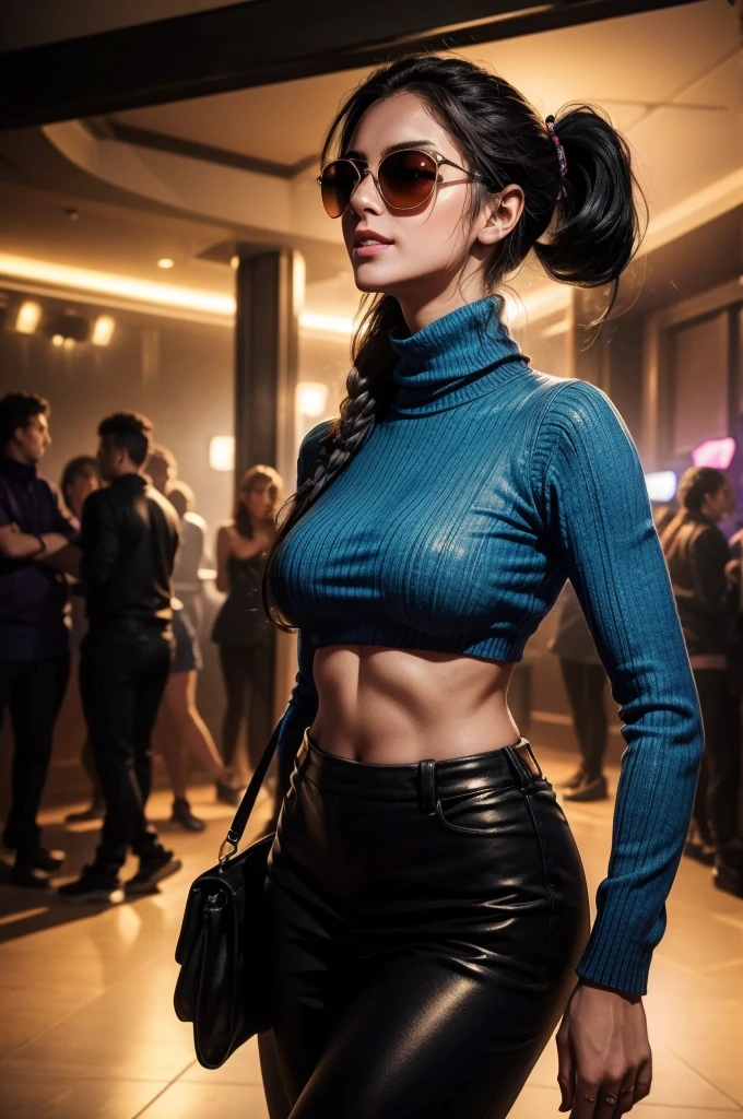 masterpiece, best quality, extremely detailed, hyperrealistic:1.1, photorealistic, a beautiful 20s russian model, ultra detailed face:1.1, sunglasses on head:1.1, blue turtle neck sweater, lower ponytail, black hair, at nightclub:1.2, nightclub light:1.1, party, music club, people dancing on the dance floor background, underground danceclub, laughing, eye closed
