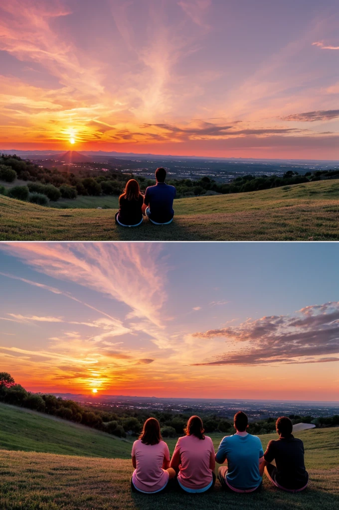 People sitting on a hill watching the sunset with pink clouds and a orange sky