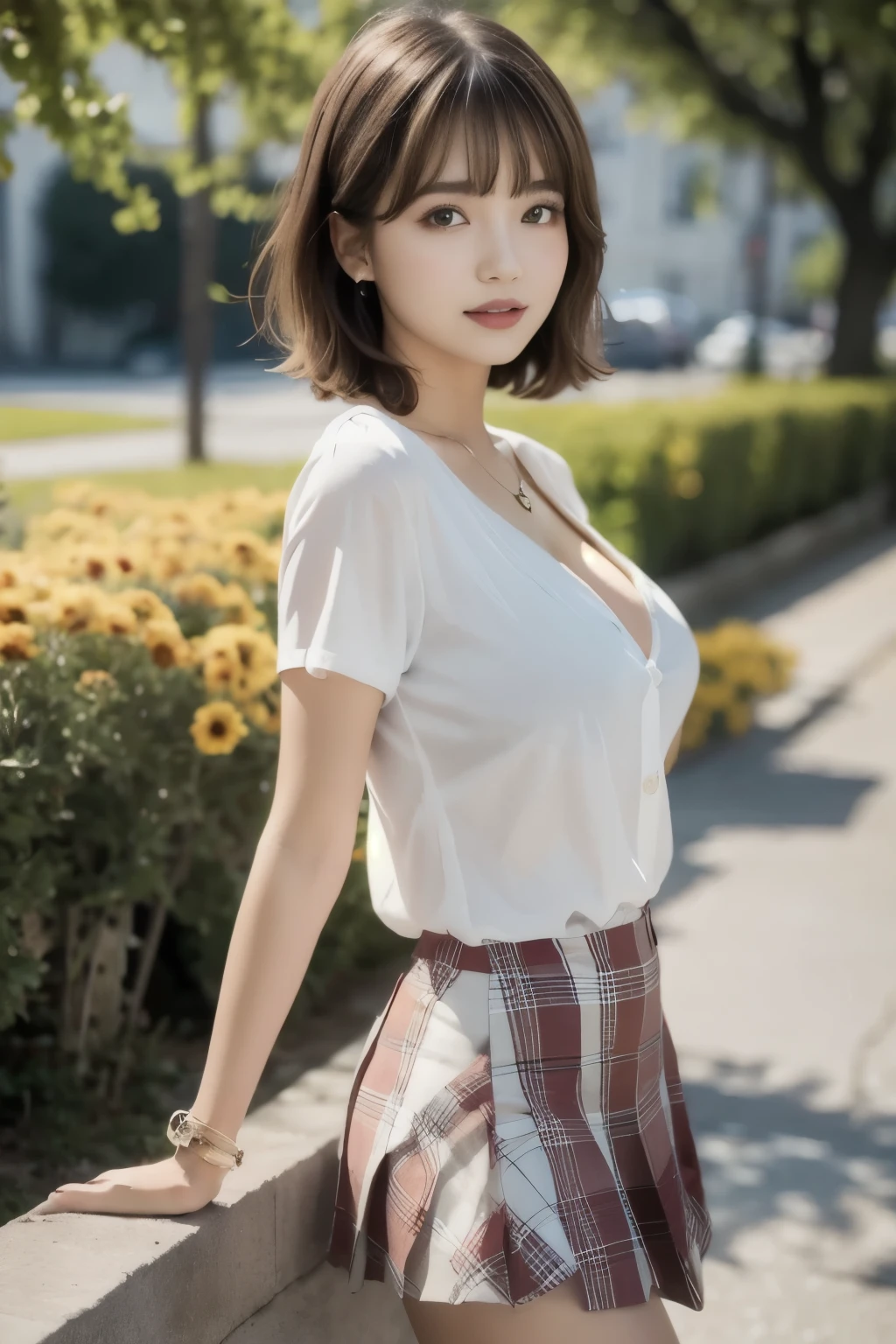  body、small head、sitting with legs spread、very thin waist、very huge breasts:1.4、ponytail、plump thighs、beautiful eyes、natural skin、ultra fine face、perfect hands、extra thin hands,  Best ratio、hyper realistic, ((Very tight blouse、Perfect fit to your body line、mini skirt、belt))、 8K, muste piece, super detail, high quality, best quality, High resolution、very red cheeks:1.2、oily skin、cross necklace、(panty shot)、very wet body