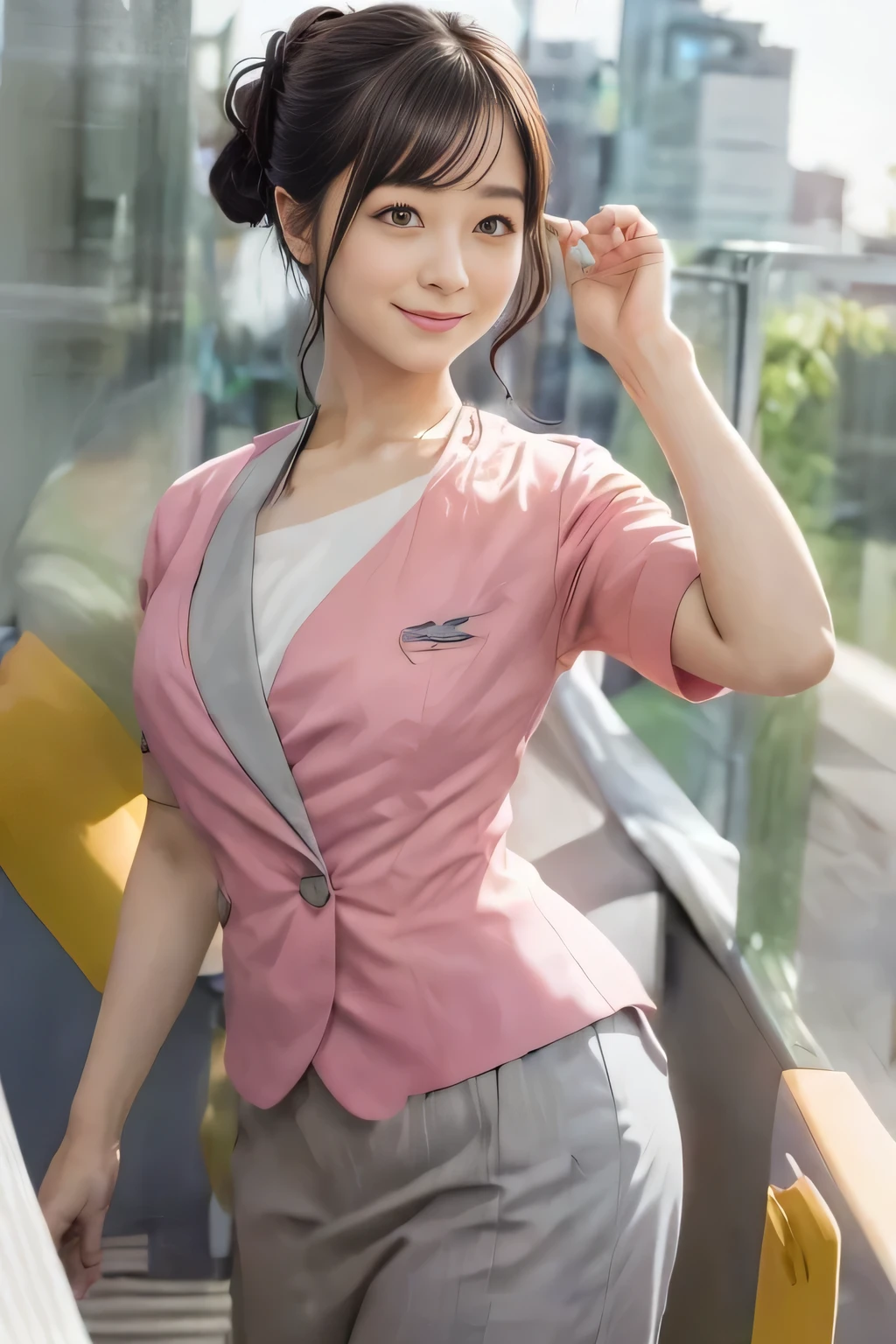 (masterpiece:1.2, Highest quality:1.2), 32K HDR, High resolution, (alone、1 girl)、 (Height: 160cm)、(On the rooftop of a building in the daytime、Professional Lighting)、Building rooftop background、(Nankai train crew uniform pinkを着たリアルスタイル)、(Nankai train crew uniform pink short sleeve collarless pink jacket、Nankai Train Crew Uniform Pink Collarless Short Sleeve Blouse、Nankai Train Crew Uniform Pink Grey Knee-length Culottes)、Dark brown hair、(Hair tied up、Hair tied up、Evening curly hairstyle)、Dark brown hair、Long Shot、Big Breasts、Thin legs、((Great hands:2.0)),((Harmonious body proportions:1.5)),((Normal limbs:2.0)),((Normal finger:2.0)),((Delicate eyes:2.0)),((Normal eyes:2.0)))、smile、(Nankai Train Crew Uniform Pink Grey Knee-length Culottesを見せた美しい歩く姿)、Place your hands around your stomach、Lanyard employee ID card