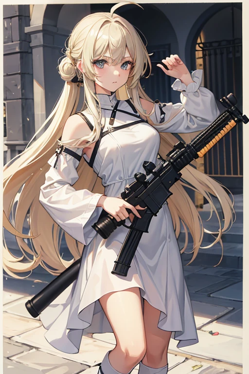 Absurdres, best high quality image, very detailed frames
{{1girl, 25 years old danish young girl, sniper, long messy blonde hair, ahoge, beauty mark in chin, beauty, serious look, focused demeanor, heterocromaic eyes, long green purple colored long dress, middle fingered long arm sleeves, long heel white colored boots, holding heavy sniper rifle, silver assault rifle on right hip}}, afternoon, arabic styled tower