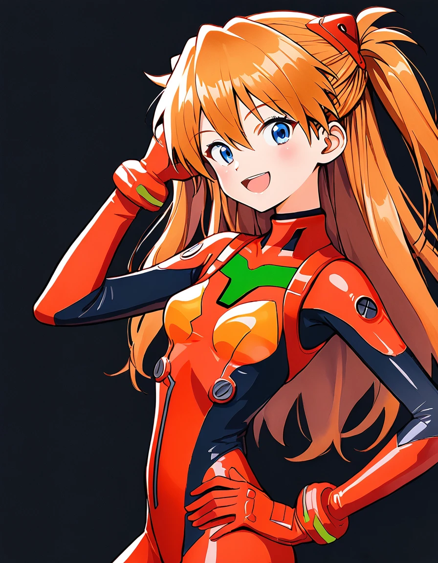 1girl,long hair,plugsuit,bodysuit,souryuu asuka langley,pilot suit,bracer,blue eyes,smile,open mouth,breasts,bangs,turtleneck,solo,cowboy shot,:d,hair between eyes,gloves,red bodysuit,small breasts,looking at viewer,headgear,two side up,hand on hip,skinny,adjusting hair,narrow waist,standing,orange hair,science fiction,hand up,shiny clothes,hair ornament,happy,from side,shiny,skin tight,simple background,black background,traditional media,