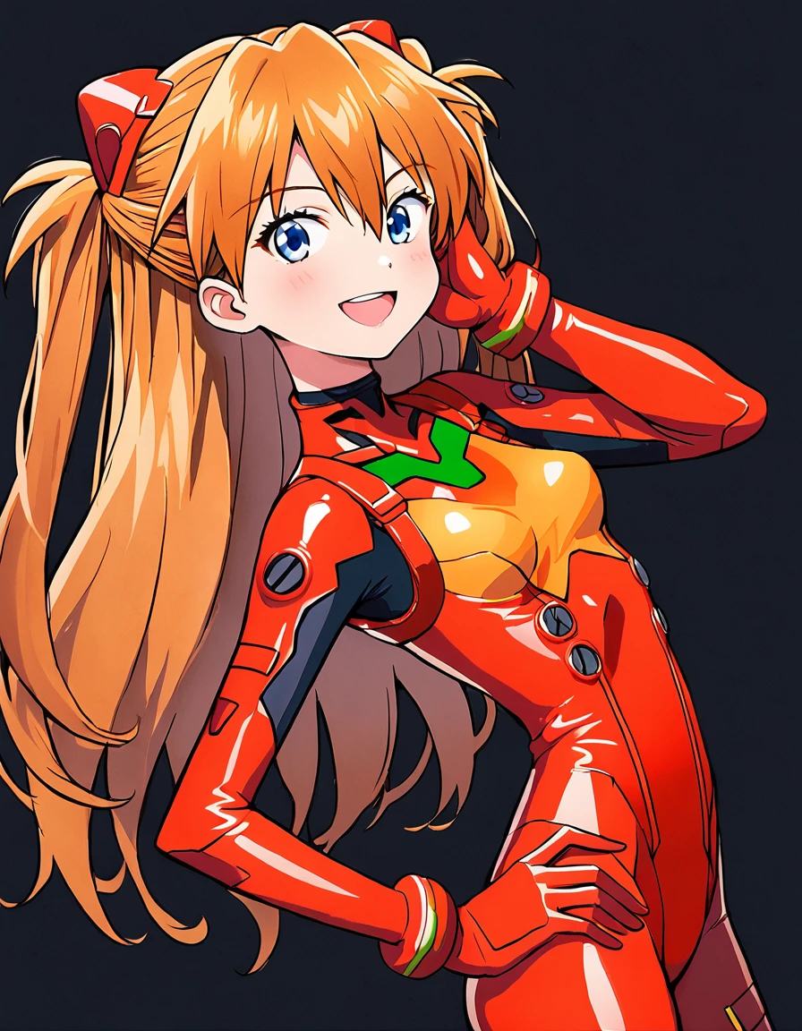 1girl,long hair,plugsuit,bodysuit,souryuu asuka langley,pilot suit,bracer,blue eyes,smile,open mouth,breasts,bangs,turtleneck,solo,cowboy shot,:d,hair between eyes,gloves,red bodysuit,small breasts,looking at viewer,headgear,two side up,hand on hip,skinny,adjusting hair,narrow waist,standing,orange hair,science fiction,hand up,shiny clothes,hair ornament,happy,from side,shiny,skin tight,simple background,black background,traditional media,