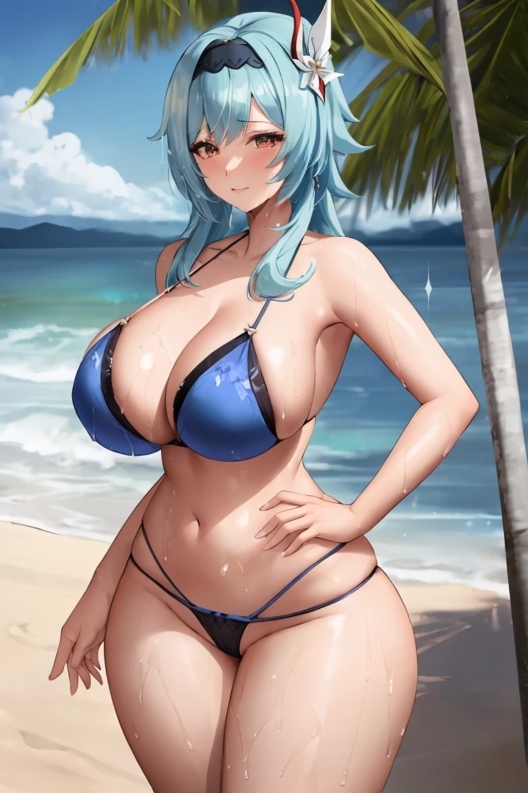 Eula, genshin impact, lingerie, thin bikini, thick thighs, posing, beach, blue Hair, busty, wide hips, big breasts , naughty, solo, wet, milf, hairband, hair ornament
