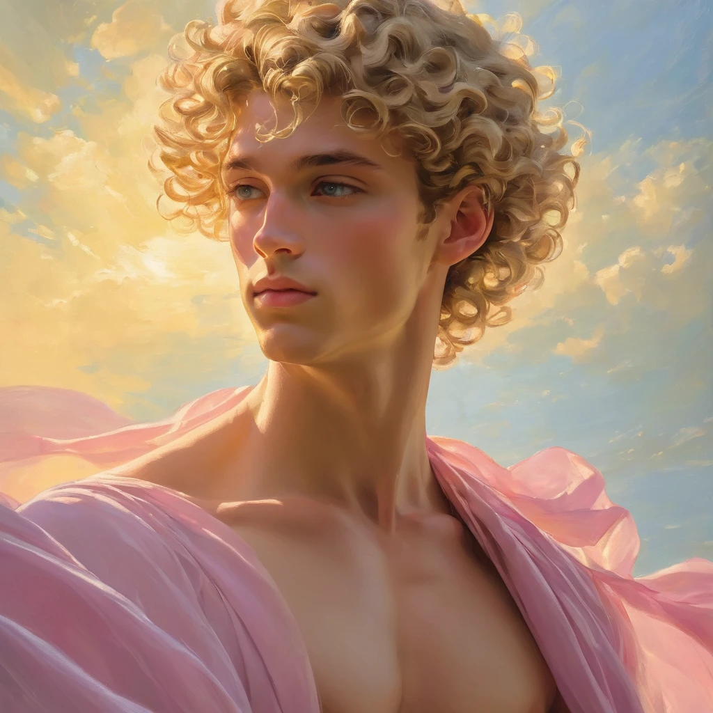 candid an photo of prince charming, 23 year old male supermodel, attractive and exotic, short curly blonde hair, a masculine appearance with slender smooth body, delicate and symmetrical face, natural olive skin tone, pose in a graceful contrapposto stance, inspired by Sandro Botticelli's painting "The Birth of Venus", he is wrapped in classical drapery sheer pink color fabric, with flowing dramatically in the strong wind, some fabric to billow as if caught, The composition include mythological elements, such as a backdrop of a serene with a golden sunrise and nymphs to frame the scene. Illuminate the scene with soft diffused lighting to create a dreamlike, celestial atmosphere, capturing the delicate interplay of light and shadow on his face and body. ((full body shot)), wide-angle lens on a high-resolution DSLR camera to capture the grandeur and intricate details of the setting, while shooting from a dynamic angle to emphasize the model's majestic presence. The overall mood should blend the classical elegance of Botticelli's work with a modern, high-fashion aesthetic, producing an image that feels both timeless and contemporary, adding the Two Cherubs in the sense to balance and harmony the photo, evoke the soft ethereal quality of the Renaissance style, POV, raw photo, ((masterpiece)), ((best quality:1.4)), High Resolution, (ultra_realistic:1.37), (photorealistic:1.4, (NSFW), ((Pay attention to the layer and arrangement of body parts and surrounding objects)), ((Pay attention to the body composition)), ((Correct body structure)), ((Correct distance)), romantic atmosphere, lively extremely Gorgeous background,