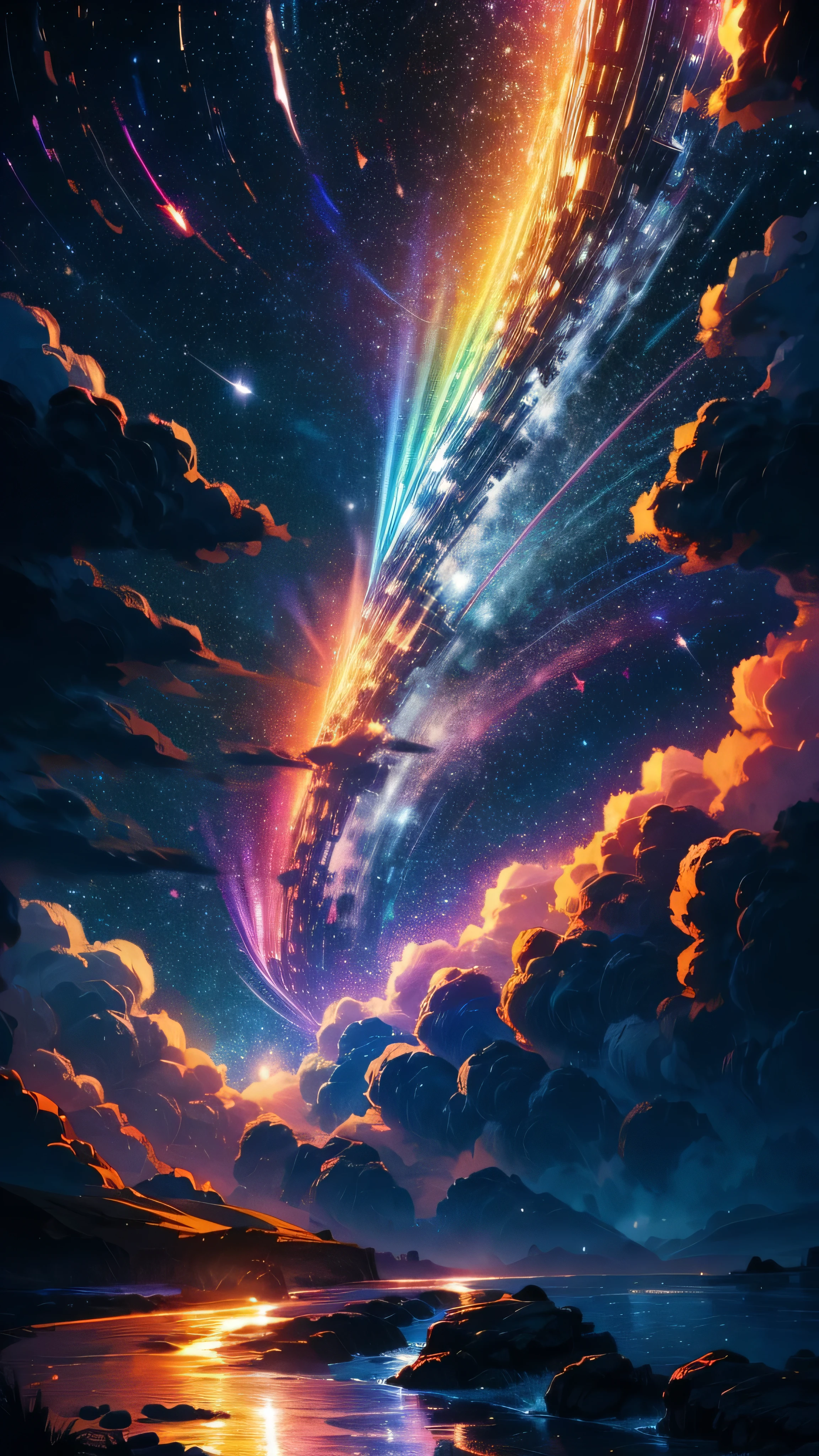 Beautiful gradation, A night sky full of shining stars, Bright colors of the moon and stars, Smooth and shiny texture, Combination of warm and cool colors, Great atmosphere.