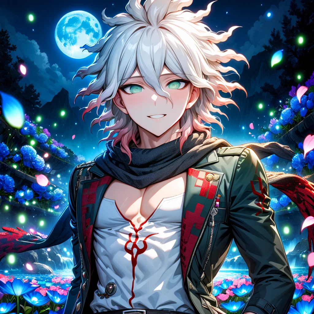 Ultra detailed, Highres, absurdres, HDR, Komaeda Nagito, white hair, expressive gray-green eyes, black scarf with red patterns, Danganronpa 2, fantasy, petals, handsome, sexy man, solo, very detailed eyes and face, master piece, blue flowers, shining blue fireflies, petals, magical, water, black long coat, white shirt, toned chest, blue moon, handsome smile