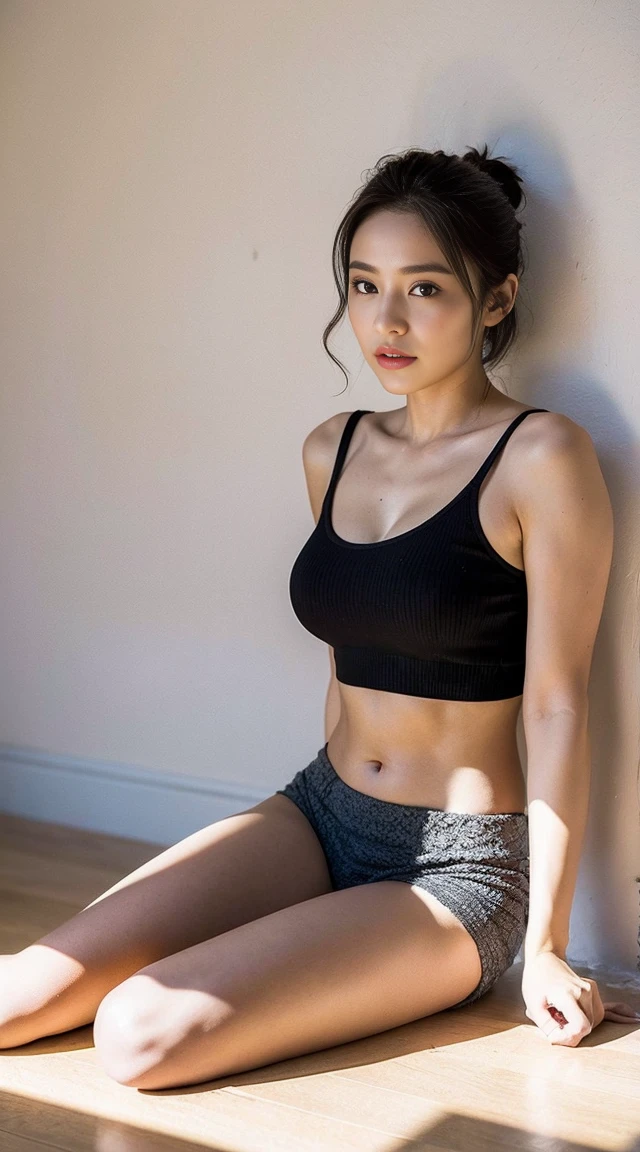 Dark brown hair、Light brown eyes、Japanese actress、 Lady、I am about 40 years old.......、(Intricate details:1.2)、 (Ultra-high resolution:1.2)、Ultra-high resolution、(Finely tuned)、(Detailed facial features)、Hmph、8K resolution、D cup size breasts、Long Hair、Bright terrace room with sunlight streaming in、Large windows、Extravagant space、relax、、,Full body photo、Head to toe shot、Beautiful feet、black Loose fit openwork T-shirt、Underwear shorts、Beautiful feet、Bright terrace room with sunlight streaming in、she, household items, (plant:0.8), Fashion Hub, Very detailed, Very detailed, Realistic, Hourglass Shaped Body, Obscene pose,、Messy Hair、Messy ponytail、Leaning against a wall、I cry a lot、tears、Skin is visible through the knit、White floor、White wall、A masterpiece of transparent painting、