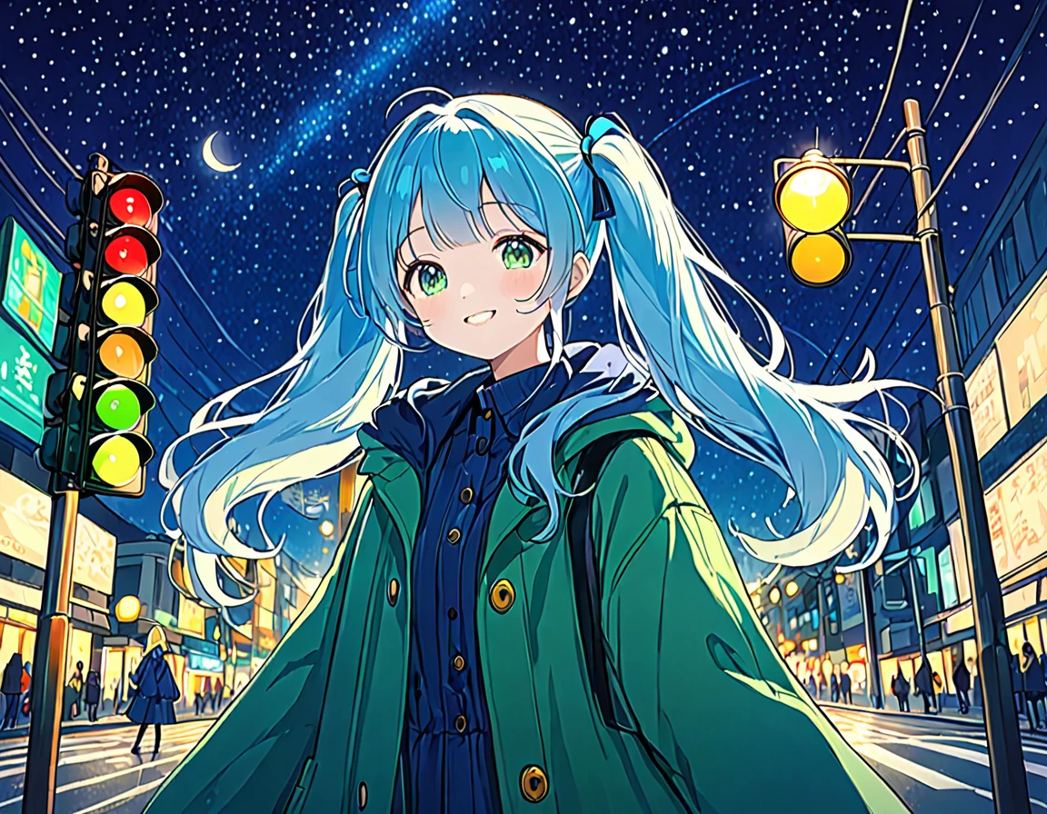 In the town、Traffic lights flashing blue against the night sky、Traffic lights floating in the sky、Light blue long hair、Beautiful girl with twin tails、Bright smile、Green long coat、The traffic light is flashing blue、 Moonlit Night、Starry Sky、Face Highlights、Lo-fi art style, Nostalgic and melancholic artwork, 
