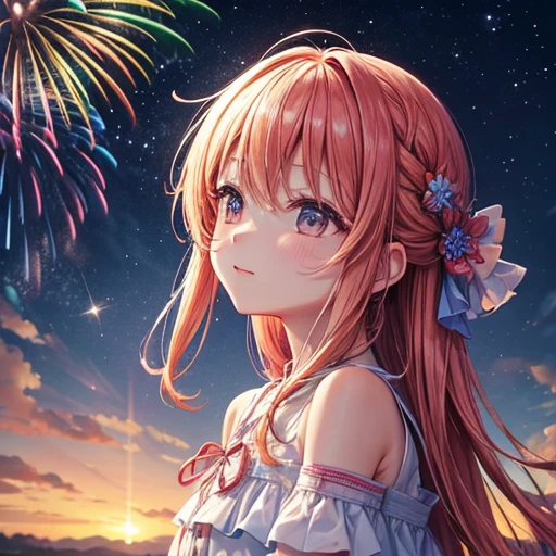 In the summer night sky、Colorful fireworks burst into flames。浴衣を着たYoung people女、shoulder to shoulder、Looking up at that beautiful light。Young people&#39;The yukata is navy blue.、Decorated with golden fireworks。woman&#39;The yukata is white.、Decorated with pink cherry blossoms。Young people、womanを優しく抱きしめる&#39;hand of、Watching fireworks sparkle in the night sky。The Woman&#39;cheek、Dyed red by fireworks。two、We feel a deep affection for each other。The Woman&#39;The hair color is brown