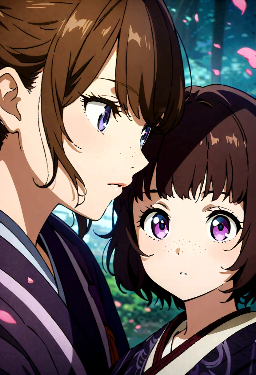 beautiful anime girls, two girls kissing, short wavy brown hair, freckles. Dark purple robes, long skirt, petals, samurai, dark eyelashes, perfect eyes, perfect face, intricate, intricate details, epic, character portrait, cinematic portrait, anime, anime art