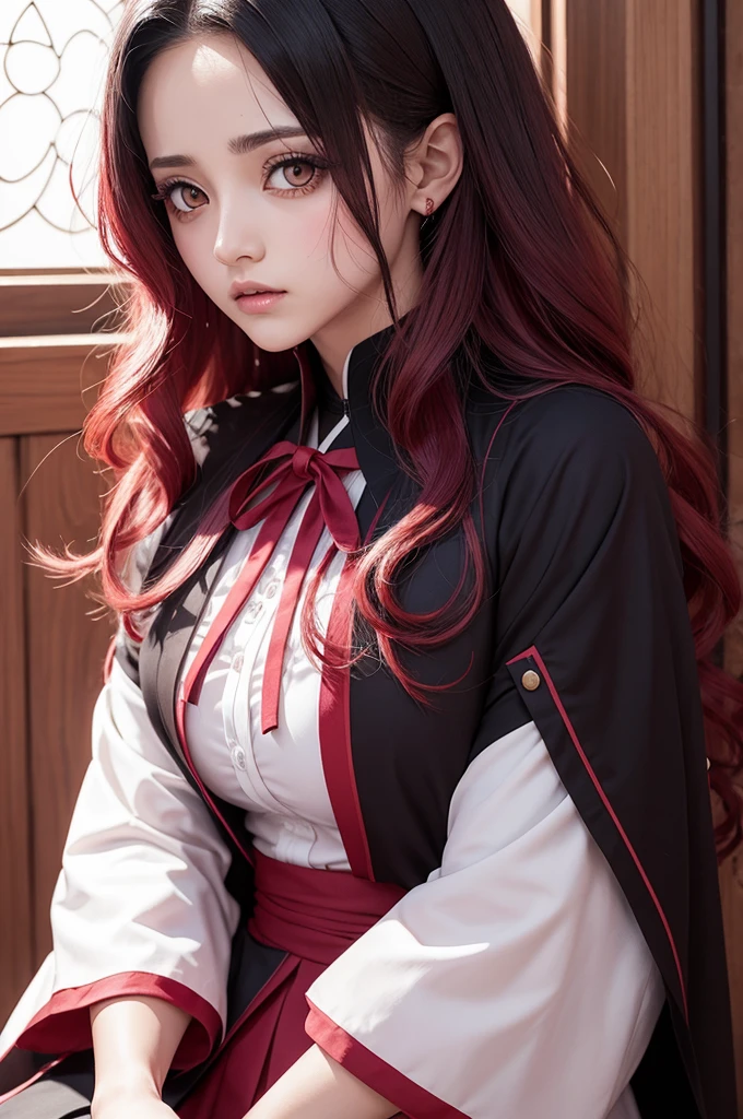 Crie uma mulher no estilo de Kimetsu no Yaiba,de cabelos longos,blood moon breath, uniform similar to Arabic clothing