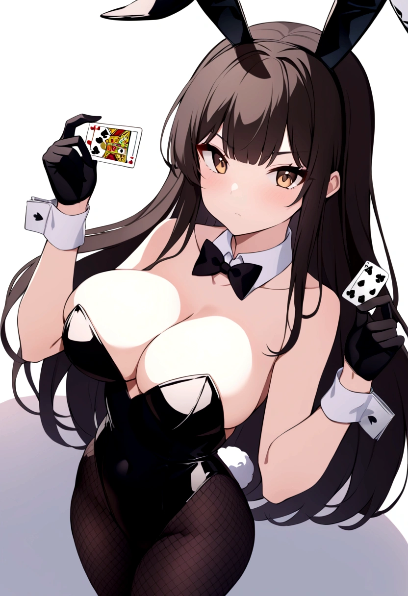 slender, female, card, fishnets, fishnet_legwear, animal_ears, playing_card, bunnysuit, rating:safe, bunny_ears, long_hair, leotard, pantyhbreasts, bol, detached_collar, holding_card, bowtie, strapless, black_leotard, solo, gloves, black_bow, black_neckwear, strapless_leotard, bare_shoulders, wrist_cuffs, looking_at_viewer, cleavage, fake_ani, elbow_gloves, black_gloves, black_hair, bangs, bunny_girl, black_hairband, brown_eyes, large_breasts, cowboy_shot, eyebsible_through_hair, hairband, fake_tail, heart, bunny_tail, brown_hair, tail, closed_mouth, from_above, sidelocks, medium_breasts, holding, standing, collacheckered