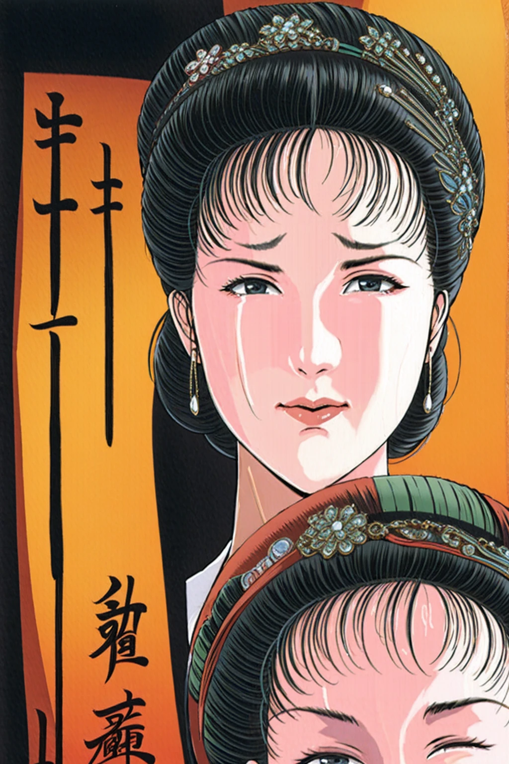 (best quality), (very aesthetic), (ultra-detailed), (best illustration),(a mature female),(perfect face),Suikoden,Mrs. Lin,(((NSFW))),((full_body)),((full_nude)),(crying),Covers mouth with right hand,red cheek,sweating,skinny,flushed skin,(hairly),(Missionary position sex),(resting the back of her head on a pillow),(She is lying face up on chinese traditional bed room),over head view