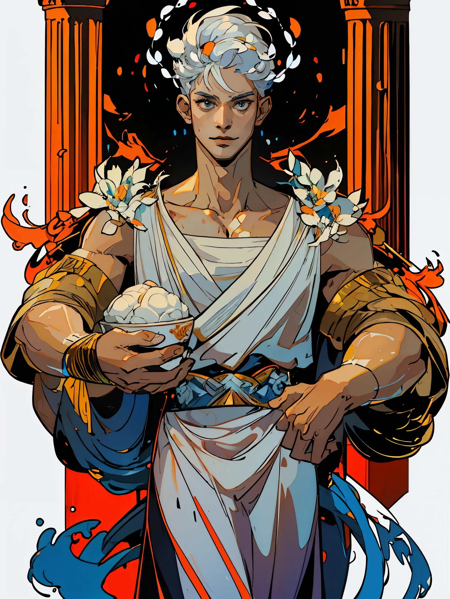 1boy, alone, 25 years old, young, white hair, blue eyes, insister sur les reflets des yeux bleus, cheveux blancs, mid lenght hair, bowl haircut, bowl hair cut, boss, formal business outfit, white outfit, white clothes, arrogant look, boastful expression, hades style, hades game, Jen zee style, greek themed image, greek background, hypnos, tartarus scenery, fumes, greek columns in background, lots of columns, greek architecture, white themed image, white furniture, orange touches of color, orange walls, looking at viewer, holding an urn of value hades game wiki obols, hades, game, wiki, obols
