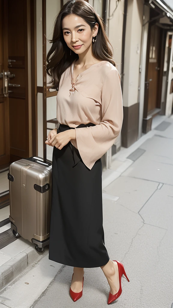 ((Highest quality)), ((8K)), ((masterpiece:1.3)), (Perfect look), (Photorealism:1.6), (One Japanese Mature), (A woman walking through an old street lined with Japanese houses), (Tenement houses on both sides of the road), (Blurred Background), (PT, JMA), ((画面中央にOne Japanese Mature)), ((Realistic skin texture)), (Fine wrinkles all over the skin:1.3), (Dull skin:1.1), (Unmoisturized skin:1.2), (Facial wrinkles:0.9), (Wrinkles around the eyes:1.2), double eyelid, Tear bags on the lower eyelids, (Crying Mole:0.9), The eyes are watching me, Serious look, (Dimples on cheeks:1.2), (Short bangs:1.2), Long hair with curled ends, (Hair over the ears), Smiling with the corners of his mouth turned up, (Red blouse), (Black long skirt), Soft fabric blouse, (Wide-necked blouse: 1.4), Wide sleeves, Cuffs that fit snugly around the wrist, Long Skirt, Small breasts, (Salmon pink lips), (Red high heels：1.2), (Pulling a suitcase with the left hand: 1.4), (Standing posture, Full body portrait：1.4), (Angle from the feet：1.4),