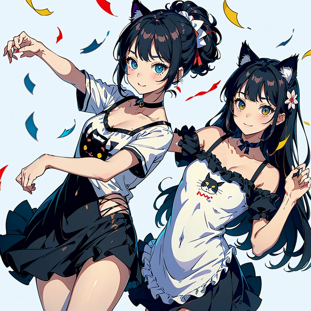 (highest quality, masterpiece, High resolution)、(anime art)、cinematic light、soft light、(two girls)、black hair、Black cat costume、White Cat Costume、Tabby cat costume、Striped cat costume、Persian Cat Costume、3-color cat costume、(loose t-shirt)、loose shirt、off shoulder、sexy mini dress、(Cat ear)、bob cut、semi-long、bun hair、hair ornaments、choker、Cute face details、enchanting smile、small breasts、whole body、(cat pose)、((sexy gesture))、beckoning、playing、dance、Cat jarashi、((confetti、ribbon、petal、candy、is dancing in the air、Crackers popping、))、((white background))、