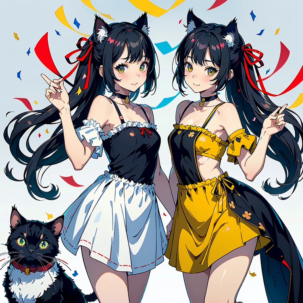 (highest quality, masterpiece, High resolution)、(anime art)、cinematic light、soft light、(two girls)、black hair、Black cat costume、White Cat Costume、Tabby cat costume、Striped cat costume、Persian Cat Costume、3-color cat costume、(loose t-shirt)、loose shirt、off shoulder、sexy mini dress、(Cat ear)、bob cut、semi-long、bun hair、hair ornaments、choker、Cute face details、enchanting smile、small breasts、whole body、(cat pose)、((sexy gesture))、beckoning、playing、dance、Cat jarashi、((confetti、ribbon、petal、candy、is dancing in the air、Crackers popping、))、((white background))、