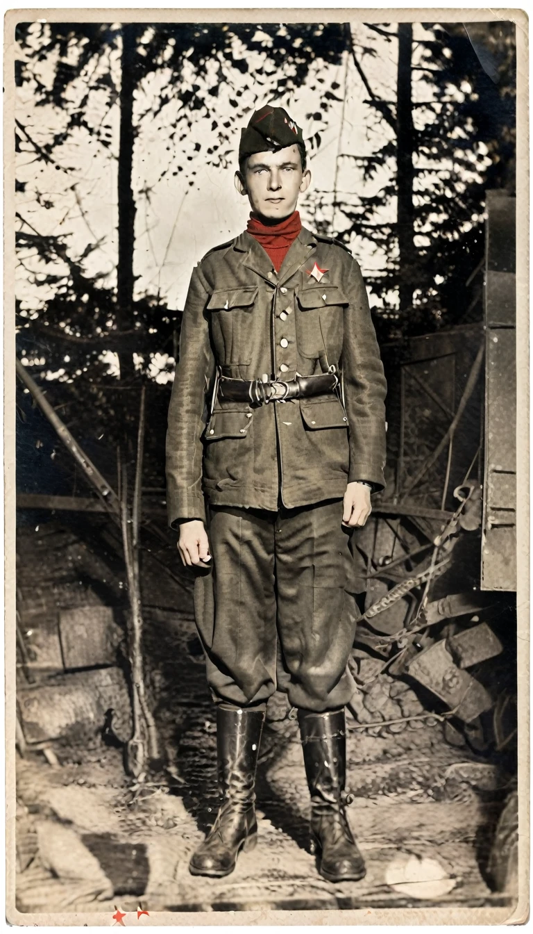Year 1939, Young man aged 17-18 years , Dark green jacket, red turtleneck, The jacket has a red four-pointed star on the lapel.., Wearing a black vest throughout.., Wearing light green M35 Harovari pants..., Military boots, Wear a Soviet Pilotka Cap.(clamp cap) There is a red star attached to it.., Eastern Slavs(Soviet Union), Soviet Union, World War 2, ww2 old photos, , ww2 military camp