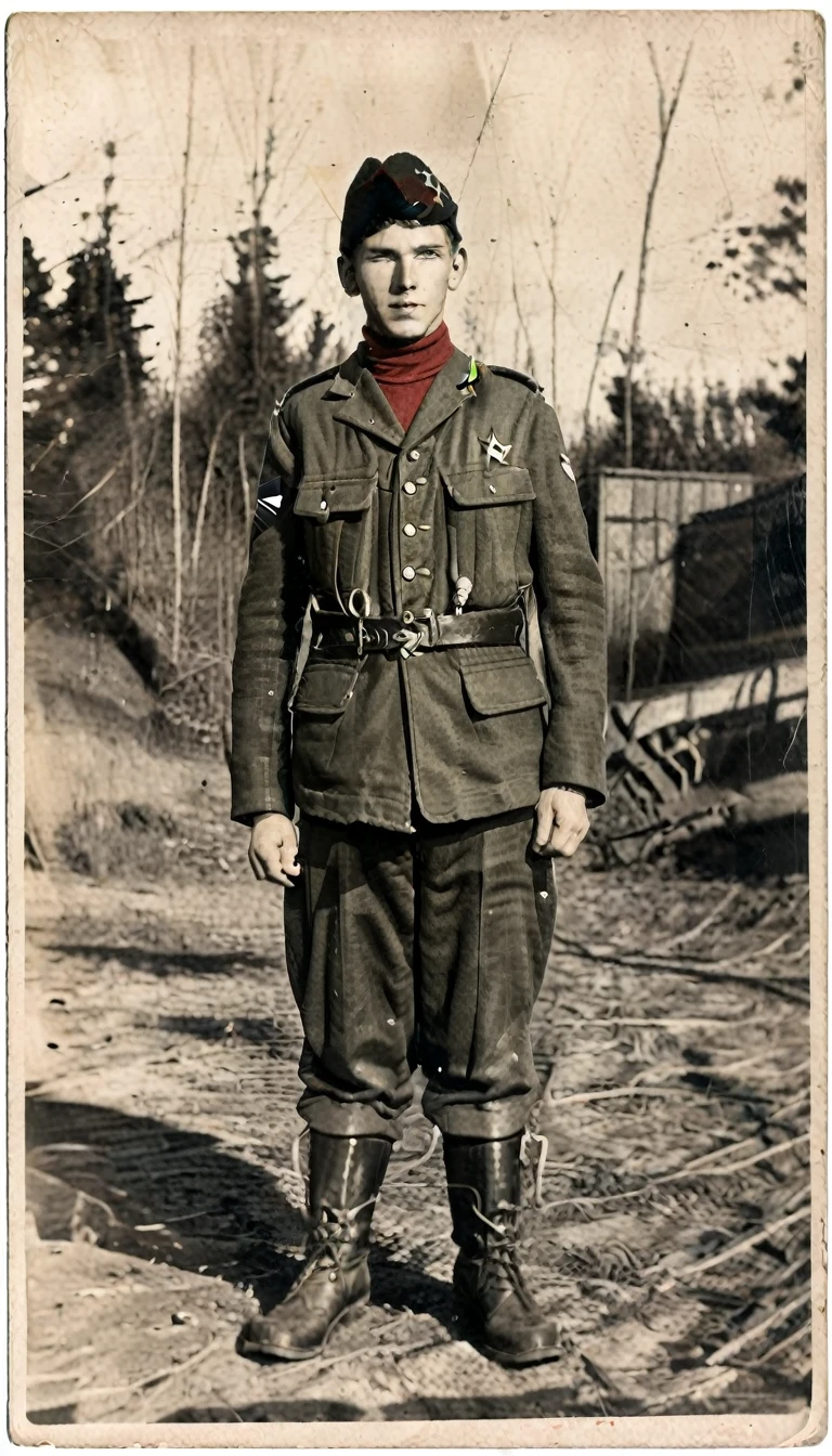 Year 1939, Young man aged 17-18 years , Dark green jacket, red turtleneck, The jacket has a red four-pointed star on the lapel.., Wearing a black vest throughout.., Wearing light green M35 Harovari pants..., Military boots, Wear a Soviet Pilotka Cap.(clamp cap) There is a red star attached to it.., Eastern Slavs(Soviet Union), Soviet Union, World War 2, ww2 old photos, , ww2 military camp
