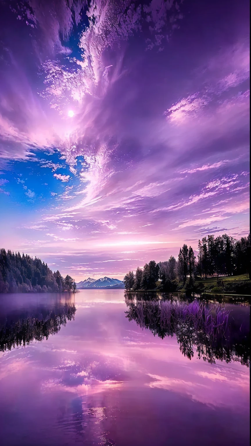 Purple clouds reflected on the lake surface, purple Beautiful sky, Purple Sky, Soft lilac sky, Purple Omnious Sky, Purple Sky, Purple sunset, Soft purple glow, Beautiful sky, Beautiful sky, Beautiful lake background, Purple Water, Truly beautiful nature, Beautiful background, Great background, Beautiful serene landscape, Beautiful lake, Beautiful and spectacular sunset