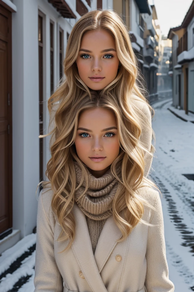 proFessional portrait photograph oF a gorgeous Norwegian girl in winter clothing with long wavy blonde hair, sultry Flirty look, gorgeous symmetrical Face, lindo maquillaje natural, wearing elegant warm winter Fashion clothing, ((parado afuera en una calle nevada de la ciudad)), impresionante entorno urbano moderno, ultra realista, arte conceptual, elegant, muy detallado, Intrincado, sharp Focus, depth oF Field, F/1. 8, 85mm, Tiro medio, plano medio, (((proFessionally color graded))), bright soFt diFFused light, (volumetric Fog), tendencia en instagram, hdr 4k, 8k