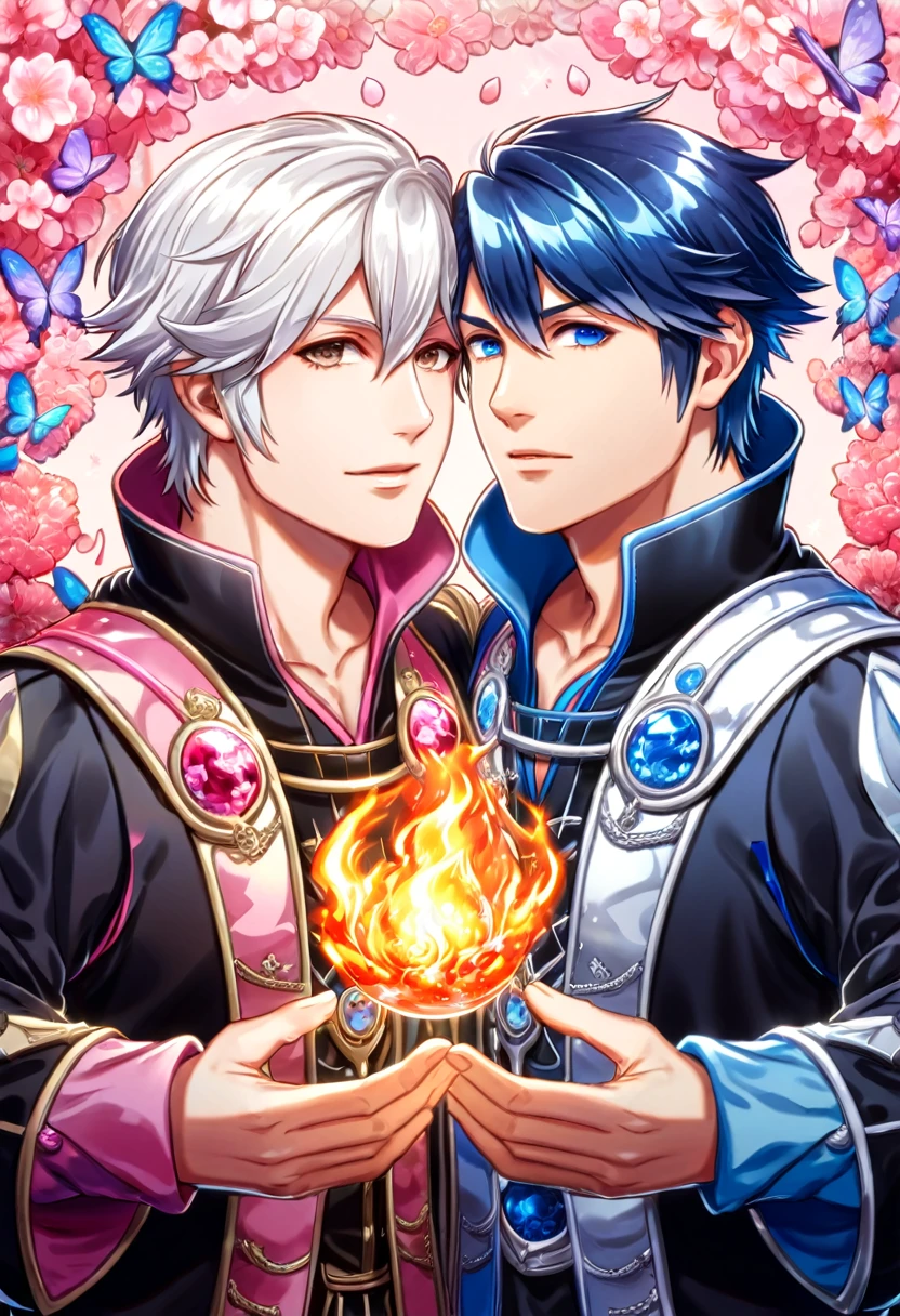 absurdres, highres, ultra detailed, HDR, master piece, best quality, Robin, white hair, expressive brown eyes, fire emblem awakening, Chrom, expressive blue eyes, two sexy men together, yaoi, gay couple, handsome, black tunic, prince clothes, magical, fantasy, shining, pink flowers, pink blossoms, pink butterflies, pink petals, water