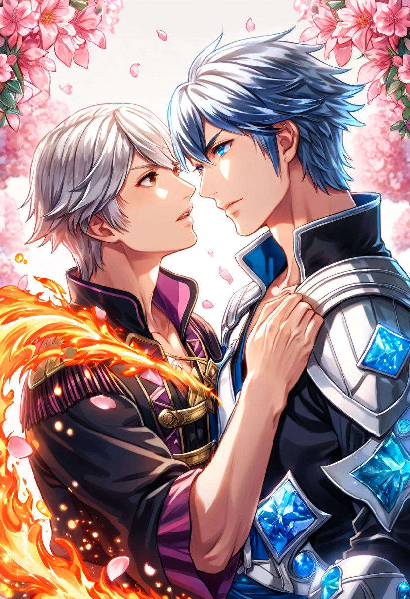 absurdres, highres, ultra detailed, HDR, master piece, best quality, Robin, white hair, expressive brown eyes, fire emblem awakening, Chrom, expressive blue eyes, two sexy men together, yaoi, gay couple, handsome, black tunic, prince clothes, magical, fantasy, shining, pink flowers, pink blossoms, pink butterflies, pink petals, water