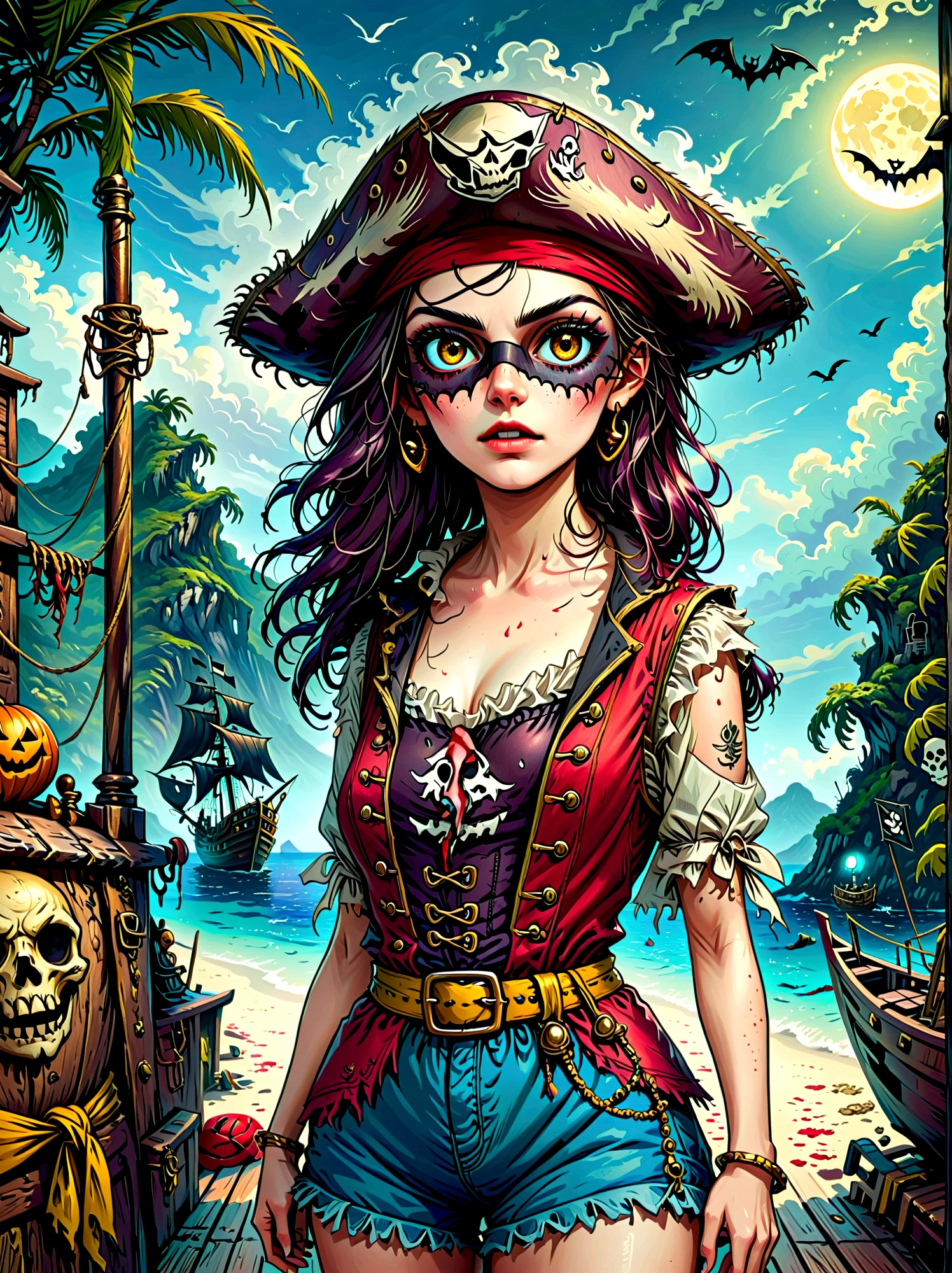 (whole body:1.3), (1 female pirate captain), Wearing a straw hat, (Black eye mask), Rich expressions, (gloomy:1.3), (Gothic horror:1.3), illustration, Red vest, Blue shorts, Yellow belt, Black sandals, (Spooky environment), exaggerated, Caribbean Sea in the background，Boat deck，Dark theme elements, Pencil Sketch
