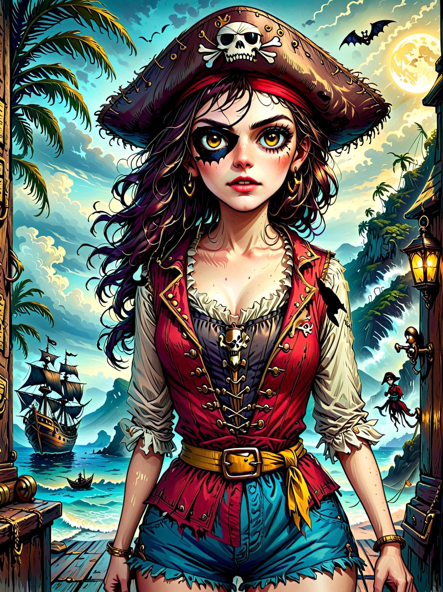 (whole body:1.3), (1 female pirate captain), Wearing a straw hat, (Black eye mask), Rich expressions, (gloomy:1.3), (Gothic horror:1.3), illustration, Red vest, Blue shorts, Yellow belt, Black sandals, (Spooky environment), exaggerated, Caribbean Sea in the background,Boat deck,Dark theme elements, Pencil Sketch