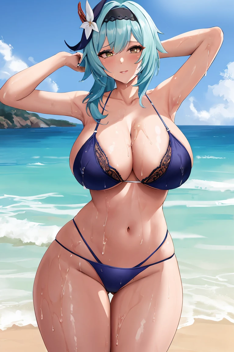 Eula, genshin impact, lingerie, thin bikini, thick thighs, posing, beach, blue Hair, busty, wide hips, big breasts , naughty, solo, wet, milf, hairband, hair ornament