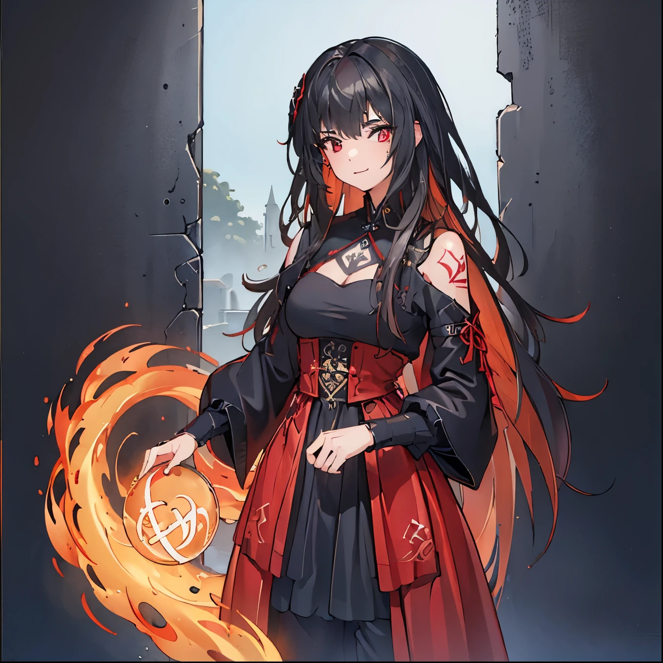 (best quality,4k,8k,highres,masterpiece:1.2),ultra-detailed,,1girl,((rune tattoos)),red and black hair,princess knight pants gown dress,circlet,fantasy,