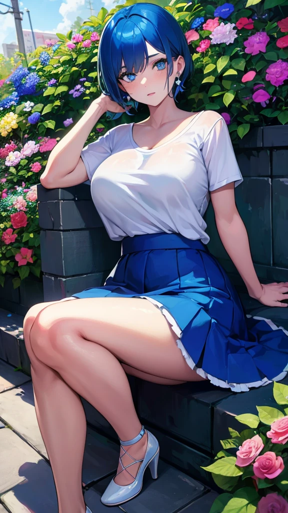 Girl, blue hair, blue eyes, short hair, flowers earrings, freckles, big boobs, white t shirt, mini blue skirt, white high heels