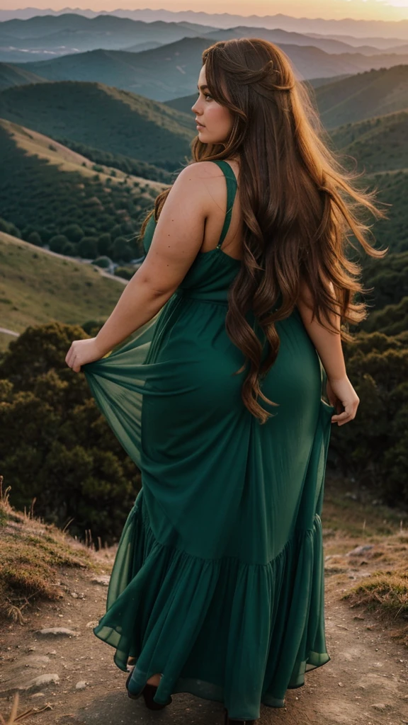 Rear view superrealistic woman with bright brown disheveled hair, plus size body, Wonderful big eyes and plump lips, stands on top of a mountain and looks at the landscape. She is dressed in a long chiffon dress, flowing, Flying dark green dress, Sunset