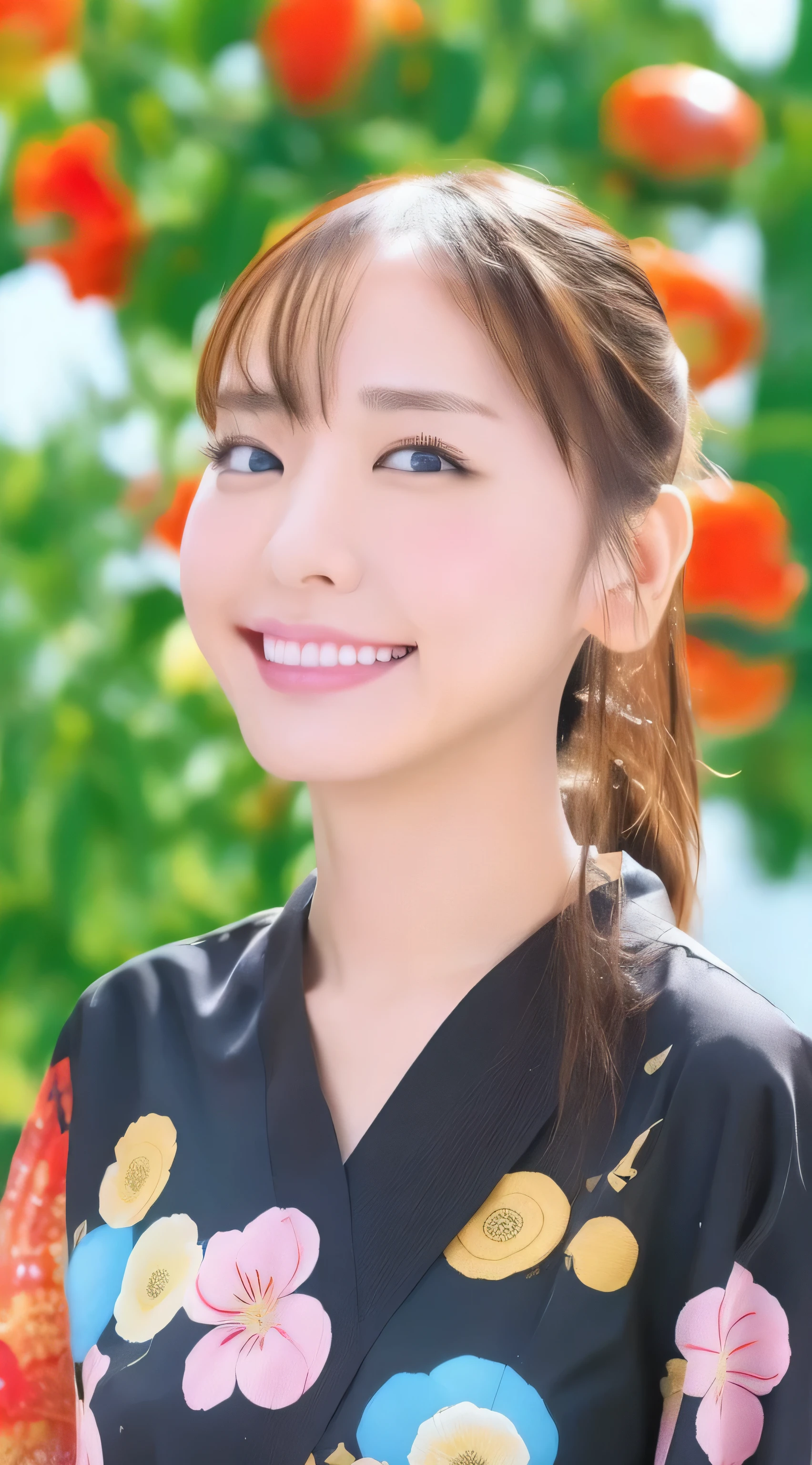 Top quality, fine detail, (beautiful one girl))), very detailed eyes and face, fireworks, yukata, looking up at fireworks, ponytail, big tear bags, double eyelids,Clothing open at the chest.see her .
