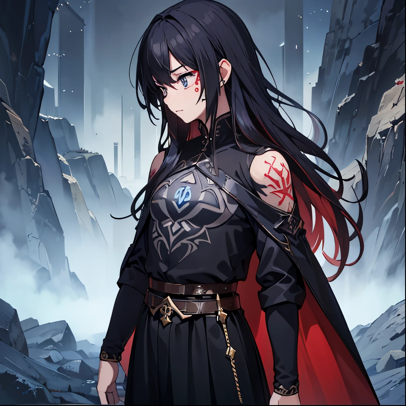 4k, 8k, high resolution, hyper detailed, intricate, masterpiece, one man(((rune tattoos))), prince dress top and pants, cape, knight, red and black hair, incredible detail, sharp focus, ultra detailed