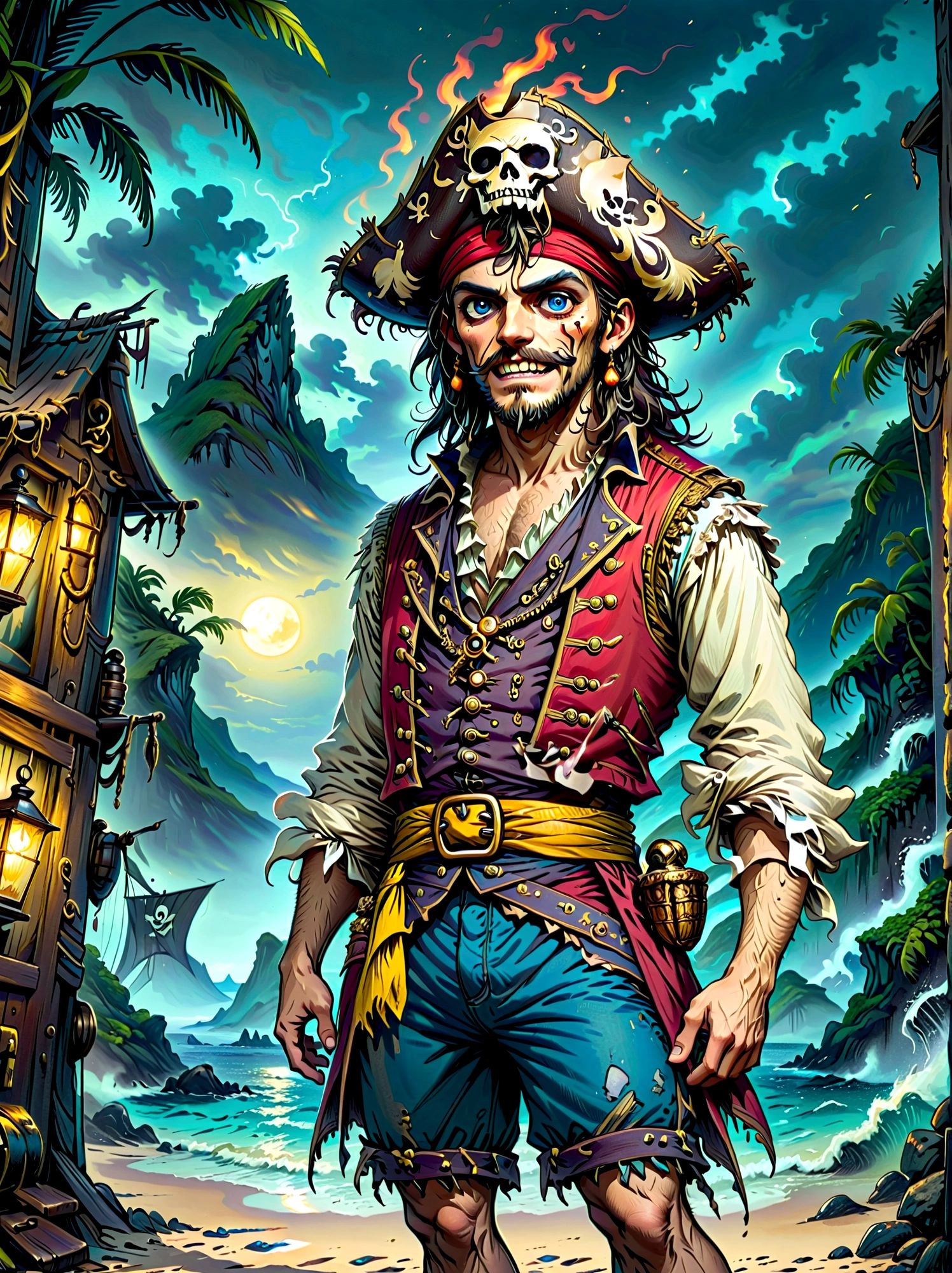 A Pirate Captain with a straw hat who has wide joyous eyes and over-expressive facial features. He is surrounded by a gloomy and Gothic atmosphere typical of late 19th century illustrations. The character possesses monstrous strength and has an ability to stretch his limbs to extraordinary lengths. His attire consists of a red vest, blue shorts with a yellow sash, and black sandals. The style is reminiscent of eerie expressiveness, exaggerated proportions, and dark thematic elements, using pencil