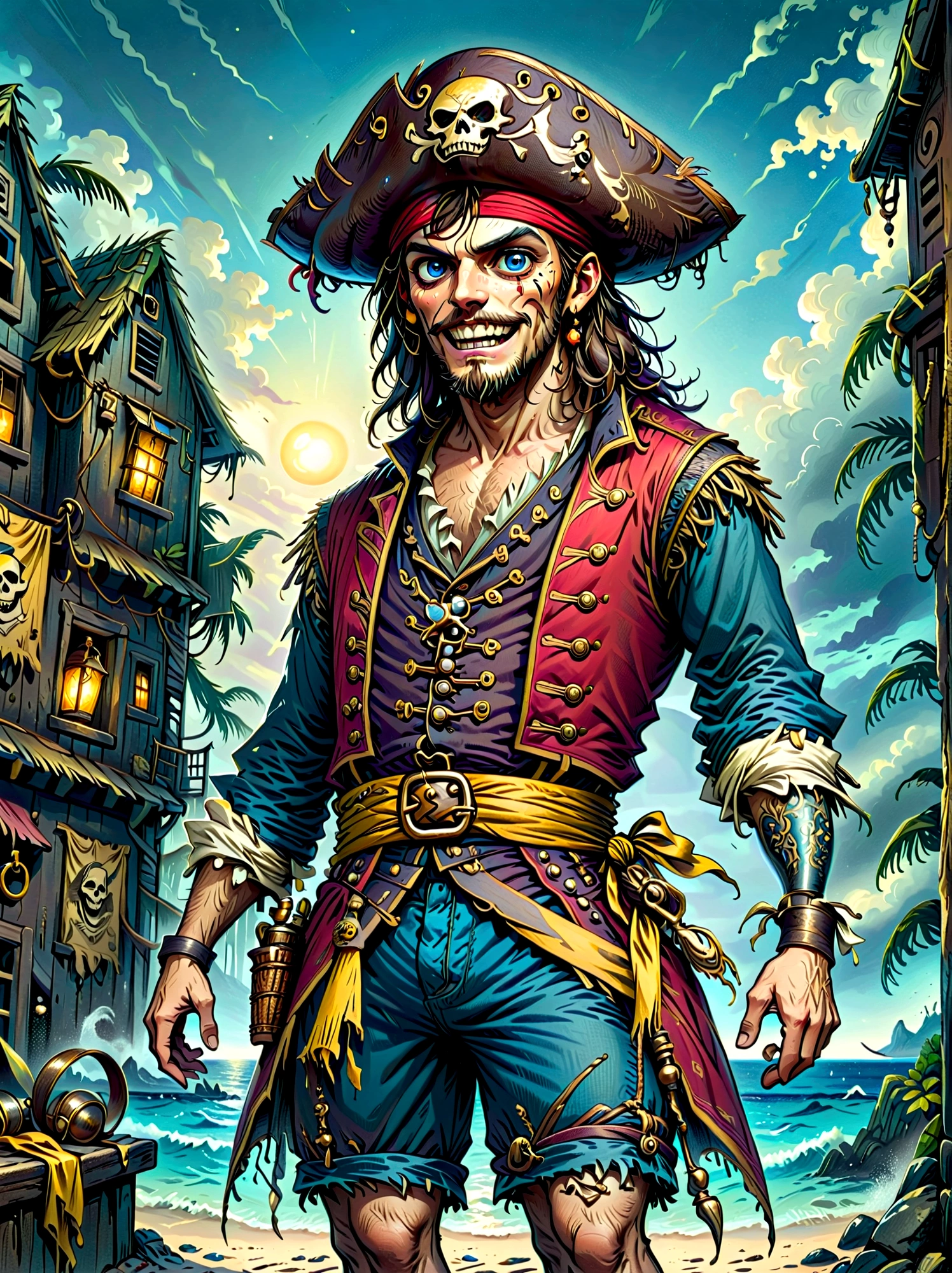 A Pirate Captain with a straw hat who has wide joyous eyes and over-expressive facial features. He is surrounded by a gloomy and Gothic atmosphere typical of late 19th century illustrations. The character possesses monstrous strength and has an ability to stretch his limbs to extraordinary lengths. His attire consists of a red vest, blue shorts with a yellow sash, and black sandals. The style is reminiscent of eerie expressiveness, exaggerated proportions, and dark thematic elements, using pencil