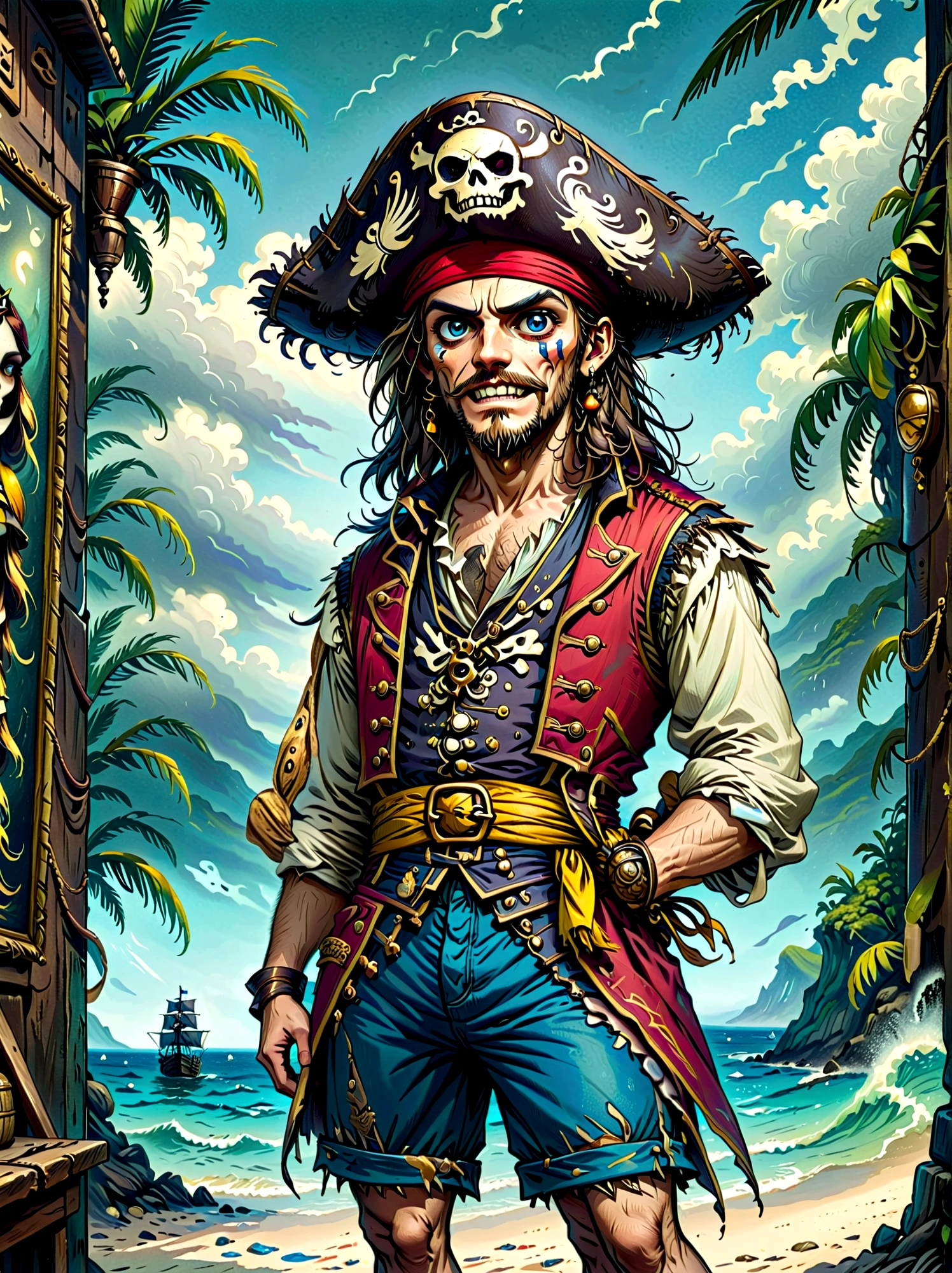 A Pirate Captain with a straw hat who has wide joyous eyes and over-expressive facial features. He is surrounded by a gloomy and Gothic atmosphere typical of late 19th century illustrations. The character possesses monstrous strength and has an ability to stretch his limbs to extraordinary lengths. His attire consists of a red vest, blue shorts with a yellow sash, and black sandals. The style is reminiscent of eerie expressiveness, exaggerated proportions, and dark thematic elements, using pencil