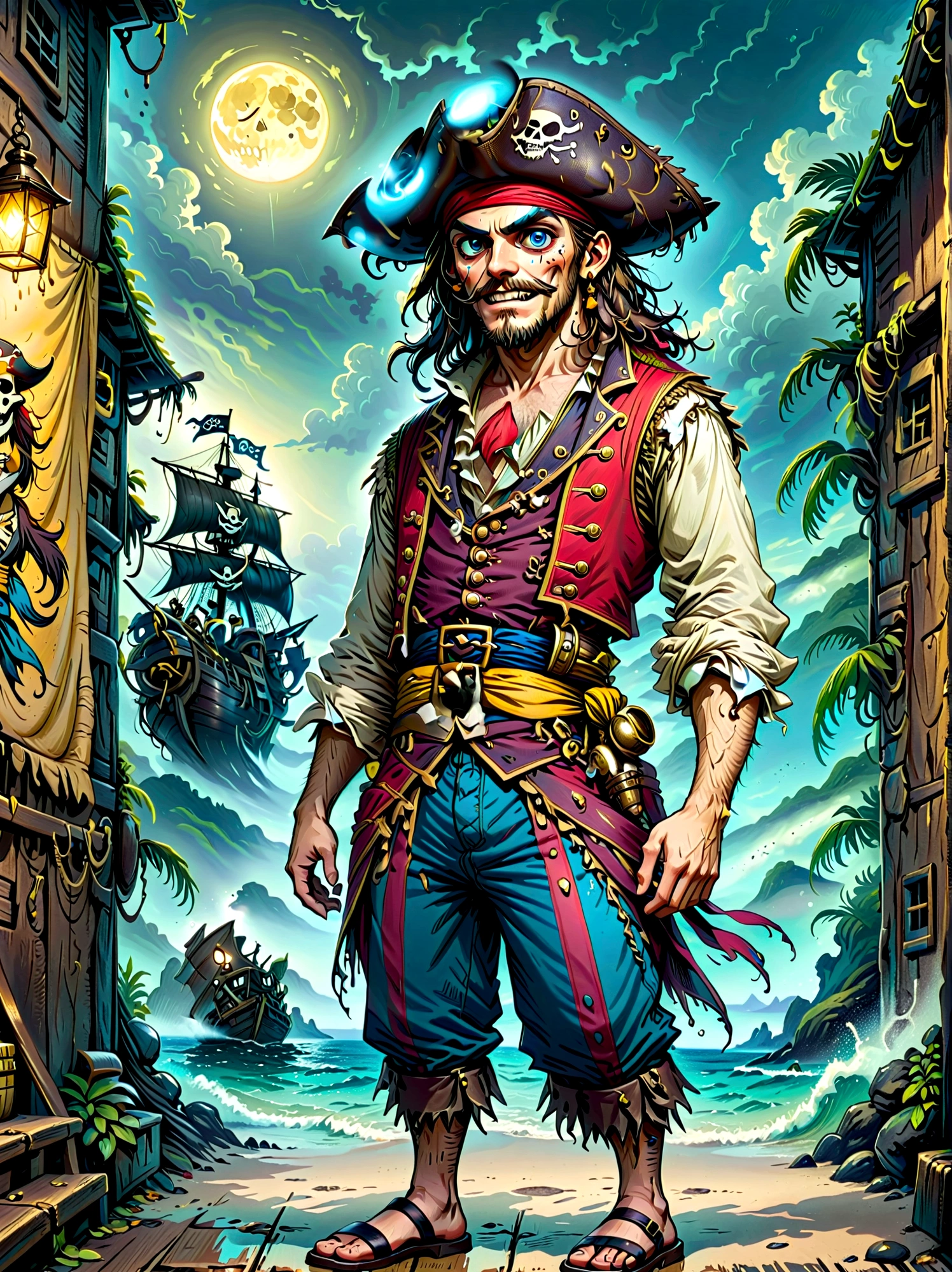 A Pirate Captain with a straw hat who has wide joyous eyes and over-expressive facial features. He is surrounded by a gloomy and Gothic atmosphere typical of late 19th century illustrations. The character possesses monstrous strength and has an ability to stretch his limbs to extraordinary lengths. His attire consists of a red vest, blue shorts with a yellow sash, and black sandals. The style is reminiscent of eerie expressiveness, exaggerated proportions, and dark thematic elements, using pencil