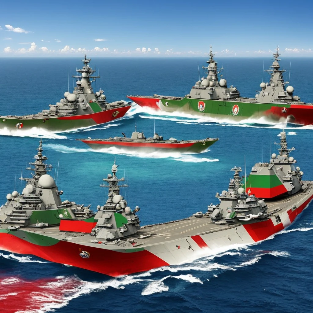 Warship with the Mexican flag with 8 turrets with four guns each with a take-off platform for fighter aircraft and 36 destroyer and battleship type missile silos